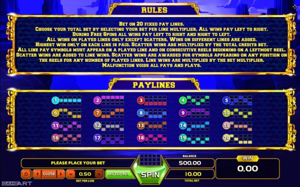 Casino Codes - General Game Rules and Payline Diagrams 1-20