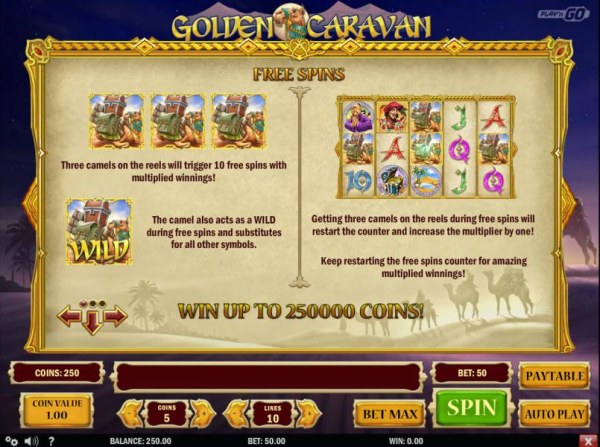 3 camels on the reels will trigger 10 free spins with multiplied winnings. The camel acts as a wild during free spins and substitutes fo all other symbols. getting 3 camels on the reels during free spins will restart the counter and increse the multiplier