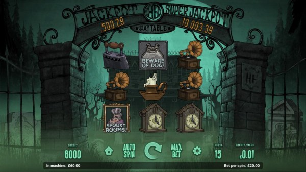 A ghost treasure themed main game board featuring three reels and 8 paylines with a progressive jackpot max payout by Casino Codes