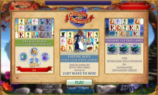 Casino Codes - Game features include: 243 Ways to win - 4 in reel Bubble Bonuses. Falling Alice creates stacked wild symbols. Cheshire Cat Free Games