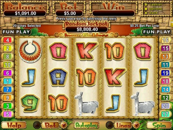 A Incan themed main game board featuring five reels and 20 paylines with a $250,000 max payout by Casino Codes