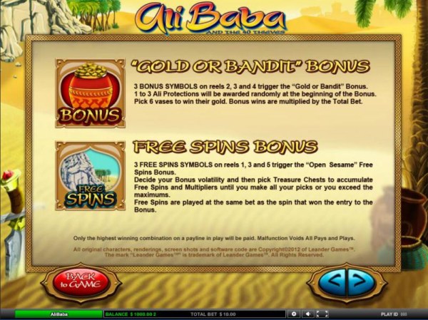 Casino Codes - Gold or Bandit Bonus and Free Spins Bonus feature game rules