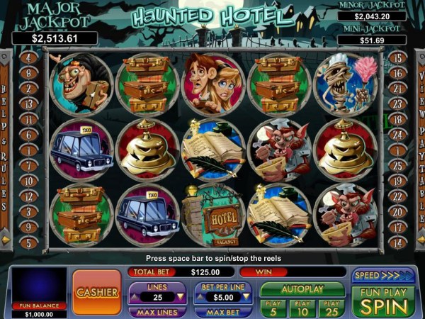 Casino Codes - A spooky themed main game board featuring five reels and 25 paylines with a progressive jackpot max payout
