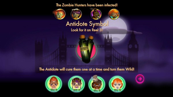The zombie hunters have been infected, Antidote symbol only appears on reel 3, The antidote will them one at a time and turn them wild! - Casino Codes