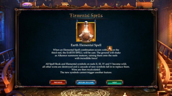 Casino Codes - Earth Elemental Spell - When an elemental spell combination occurs with the earth elemental symbol on the 3rd reel. The Earth Spell will be cast. The ground will shake as Alkemor summons meteors, raining them onto th reels with incredible f