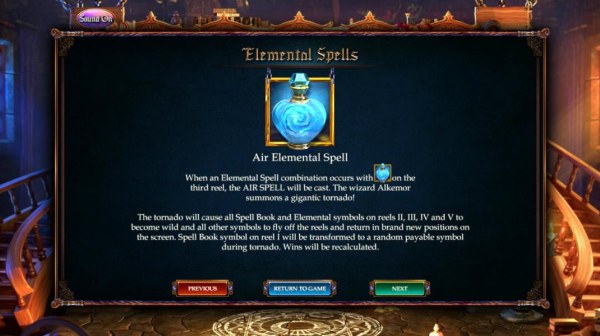 Air Elemental Spell - When an elemental spell combination occurs with the Air elemental symbol on the 3rd reel, the Air Spell is cat. The Wizard Alkemor summons a gigantic tornado. - Casino Codes