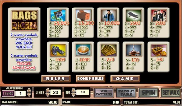 Rags to Riches 20 line screenshot