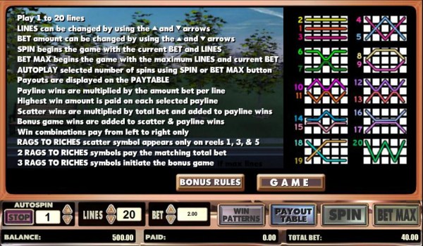 Casino Codes image of Rags to Riches 20 line