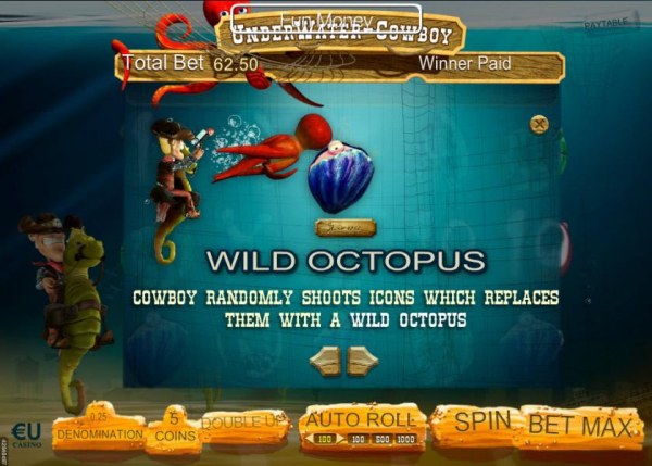 Cowboy randomly shoots icons which replaces them with a wild octopus. - Casino Codes