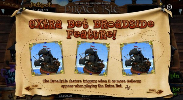 Extra Bet Broadside feature! The Broadside feature triggers when 3 or more Galleons appear when playing the extra bet. by Casino Codes
