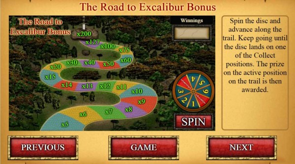 Casino Codes - The Road to Excalibur Bonus - Spin the disc and advance along the trail. Keep going until the disc lands on one of the Collect positions.