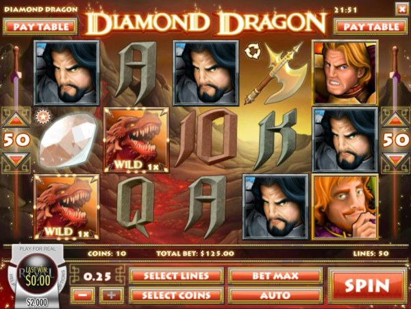Casino Codes - A dragon themed main game board featuring five reels and 50 paylines with a $1,500 max payout