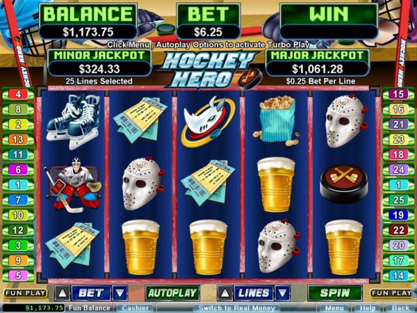 A sports themed main game board featuring five reels and 25 paylines with a $250,000 max payout - Casino Codes