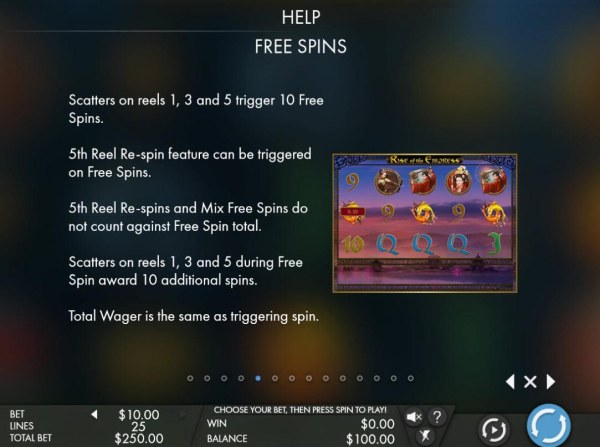 Free Spins - Scatters on reels 1, 3 and 5 trigger 10 free spins. 5th reel Re-spin feature can be triggered on free spins. Free Spins can be re-triggered. by Casino Codes