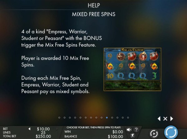 Mixed Free Spins - 4 of a kind Empress, Warrior, Student or Peasant with the Bonus trigger the Mixed Free Spins. Player is awarded 10 free spins. - Casino Codes
