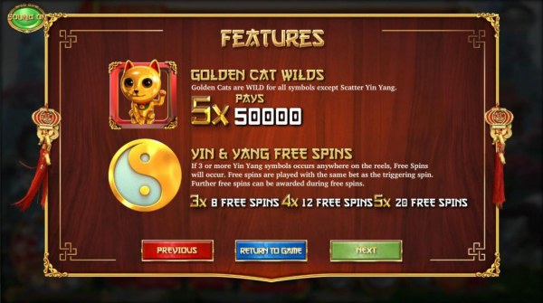 A golden cat wild five of a kind pays 50,000 credits. 3 or more Yin Yang scatter symbols anywhere on the reels awards 8 to 20 free spins respectively. by Casino Codes