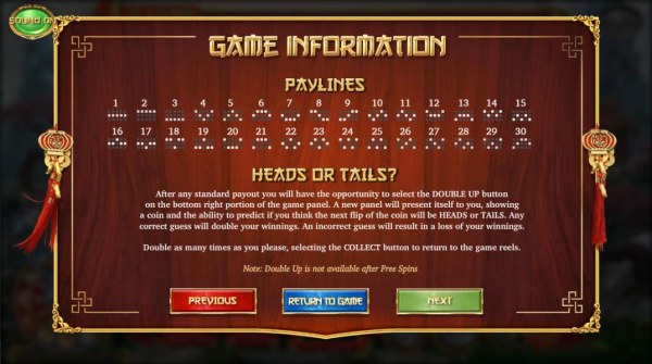 Payline Diagrams 1-30. Heads or tails game rules. by Casino Codes