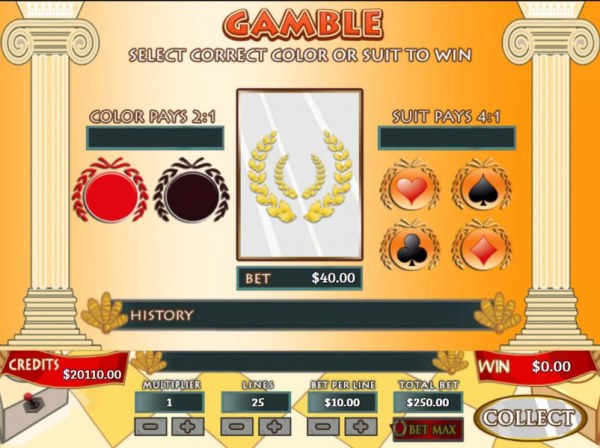 Gamble feature is available after each winning spin. Select color or suit to play. by Casino Codes