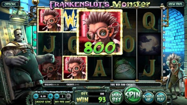 An 800 coin big win triggered by a pair of winning Frankenstein symbol paylines. by Casino Codes