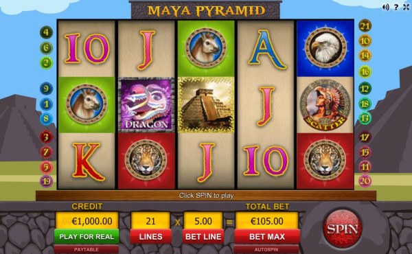 Main game board featuring five reels and 21 paylines with a $50,000 max payout. - Casino Codes