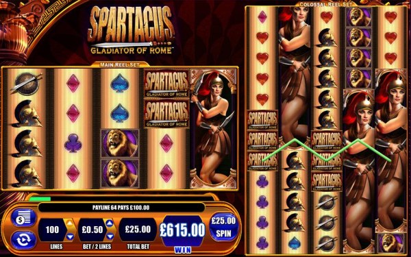 Here is an example of a multiline win on the colossal reel set paying out a 615 coin jackpot by Casino Codes