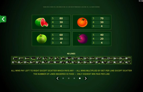 Casino Codes - Low value game symbols paytable and payline diagrams 1 to 40.