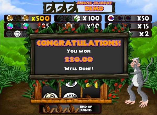 Casino Codes - Monkey Bonus game pays out a total of 220.00 for a big win.