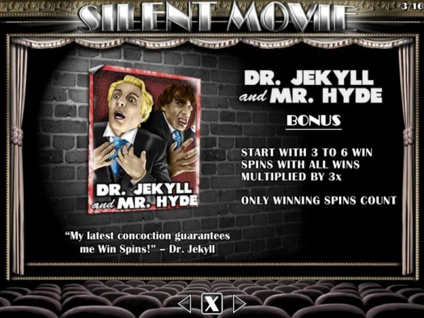 Dr. Jekyll and Mr. Hyde Bonus - Start with 3 to 6 win spins with all wins multiplied by 3x. by Casino Codes