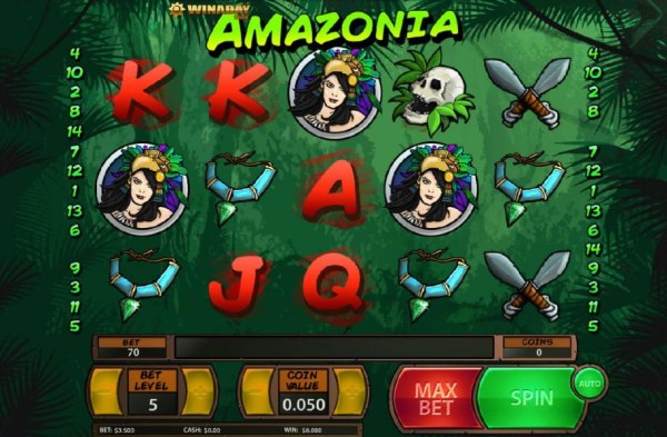 Main game board based on a jungle theme, featuring five reels and 17 paylines with a $125 max payout by Casino Codes