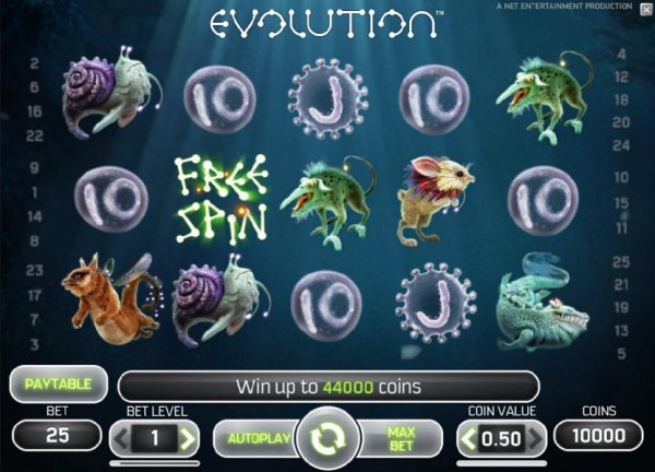 main game board featuring five reels, 25 paylines and a chance to win up to 44000 coins - Casino Codes