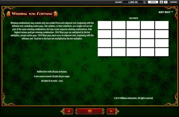 This game has 1024 winning combinations. A win cannot exceed 250,000.00 per wager. Return to Player is 96%. - Casino Codes