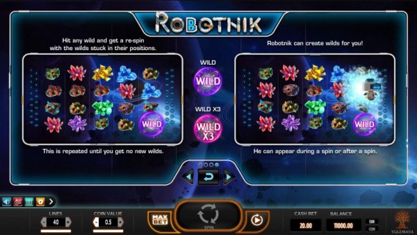 Casino Codes - Hit any wild and get a respin with the wilds stuck in their positions. This is repeated until you get no new wilds. Robotnik can create wilds for you! He can appear during the game or afeter a spin.