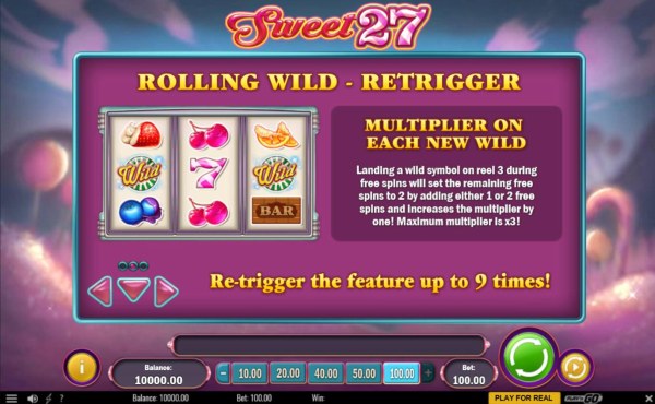 You can re-trigger the Rolling Wild feature up to 9 times. - Casino Codes