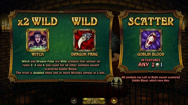 Witch and Dragon Fang are wild symbols that appear on reels 2, 3 and 4 and count for all other symbols except scattered Goblin Blood. The prize is doubled when one or more withes appear in a win. by Casino Codes