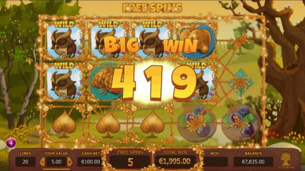 A 419 coin big win triggered during the Free Spins mode. - Casino Codes