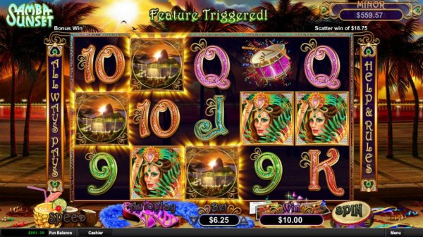 Three sunset scatter symbols triggers free game feature. - Casino Codes