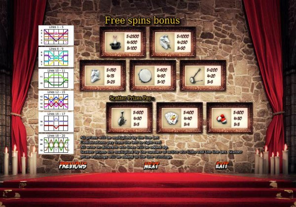 Casino Codes - free spins bonus payline diagrams and paytable