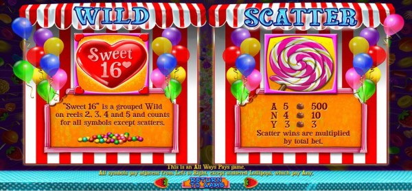 Casino Codes - Sweet 16 heart game logo is wild and the Lollipop swirl is the games scatter symbol.