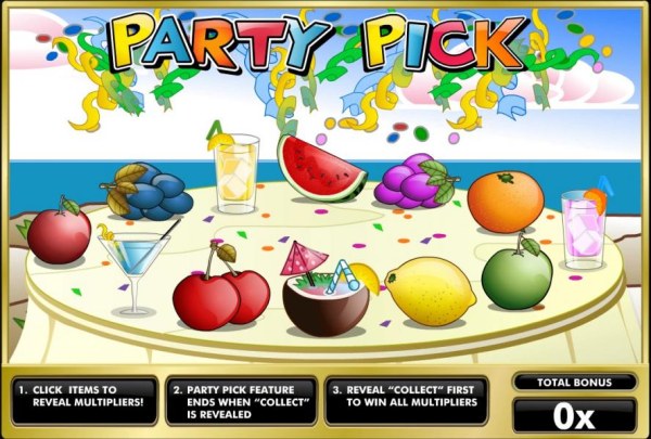 Party Pick Game Board - Click on items to reveal multipliers. Party Pick feature ends when Collect is revealed. Reveal Collect first to win all multipliers. by Casino Codes