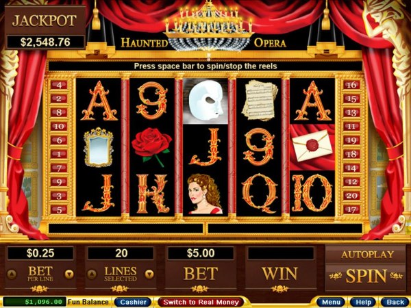 Casino Codes - An opera themed main game board featuring five reels and 20 paylines with a $250,000 max payout