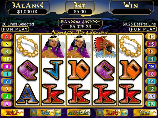 An Aztec cultural themed main game board featuring five reels and 20 paylines with a $12,500 max payout - Casino Codes