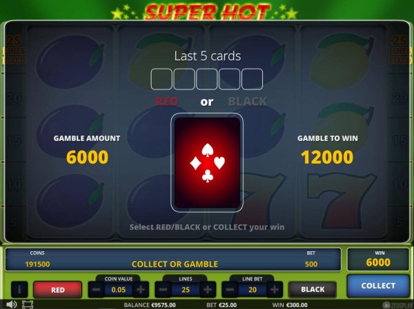 Gamble Feature - To gamble any win press Gamble then select Red or Black. by Casino Codes