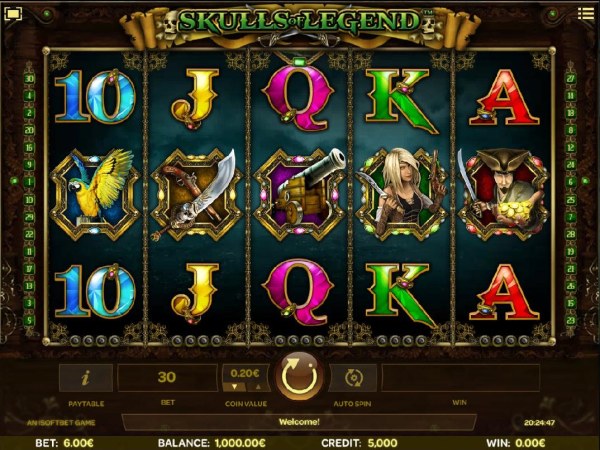 Main game board featuring five reels and 30 paylines with a $90,000 max payout by Casino Codes