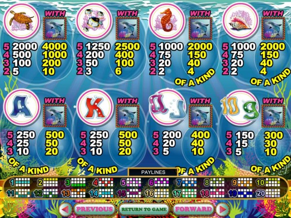 Casino Codes - Slot game symbols paytable featuring sea ceature inspired icons.