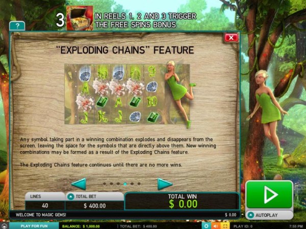 Exploding Chains Feature - Winning symbols explode and disappear leaving the space for more symbols and new winning combinations. The Exploding Chains Feature continues until there are no more wins. - Casino Codes
