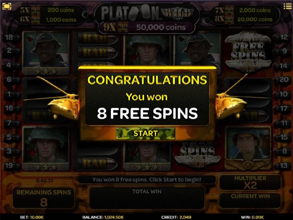 Casino Codes - 8 free spins awarded.