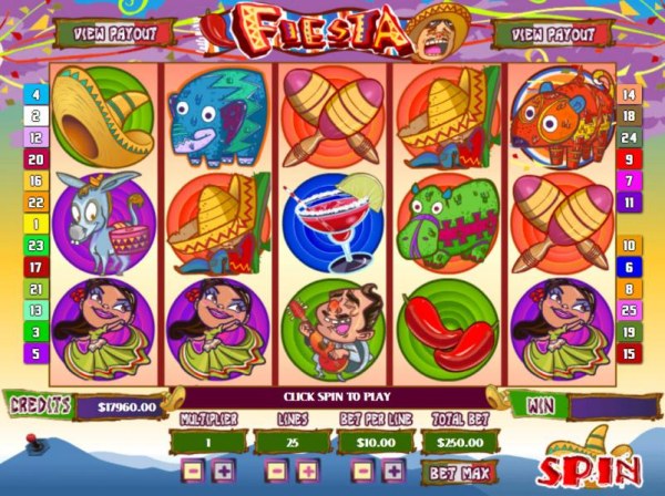 Main game board featuring five reels and 25 paylines with a Jackpot max payout by Casino Codes
