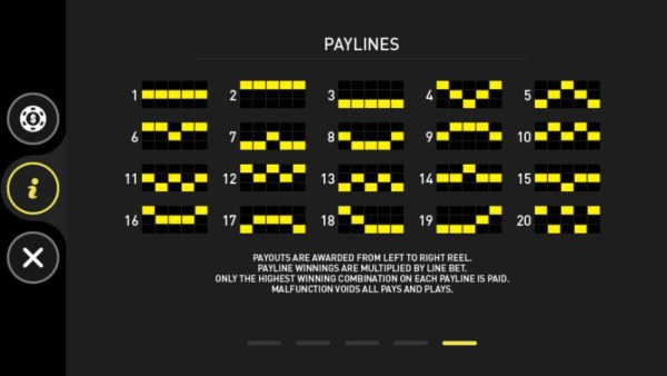 Payline Diagrams 1-20. Payouts are awarded from left to right reel. Payline winnings are multiplied by line bet. Only the highest winning combination on each payline is paid. by Casino Codes