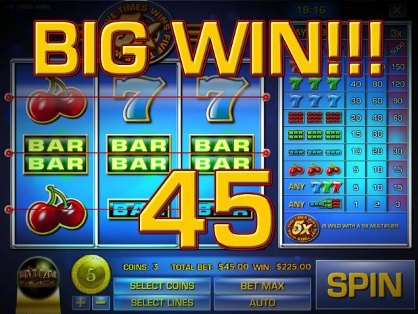 A 45 coin big win triggered by a three of a kind. - Casino Codes