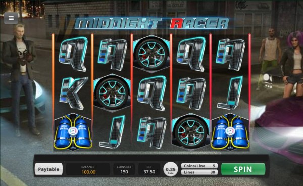 Casino Codes - Street racer themed main game board featuring five reels and 30 paylines with a $156,000 max payout